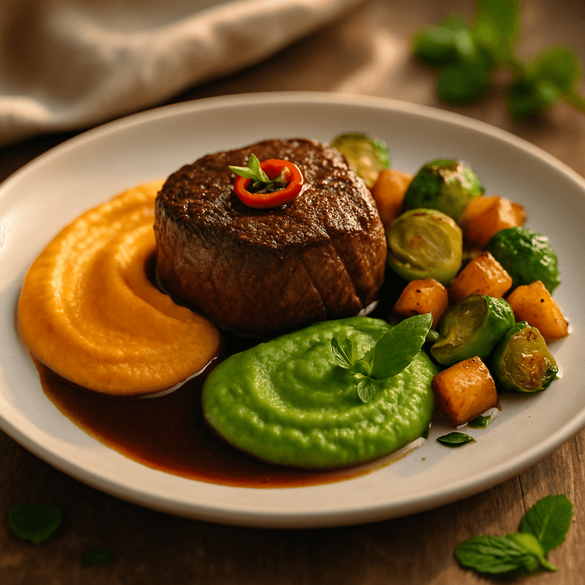 Sautéed Beef Tenderloin with Minted Purées & Chili Garnish