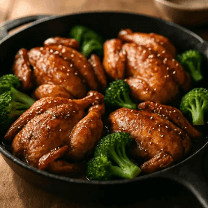 Stove-Skillet Shoyu Garlic Cornish Hen with Broccoli