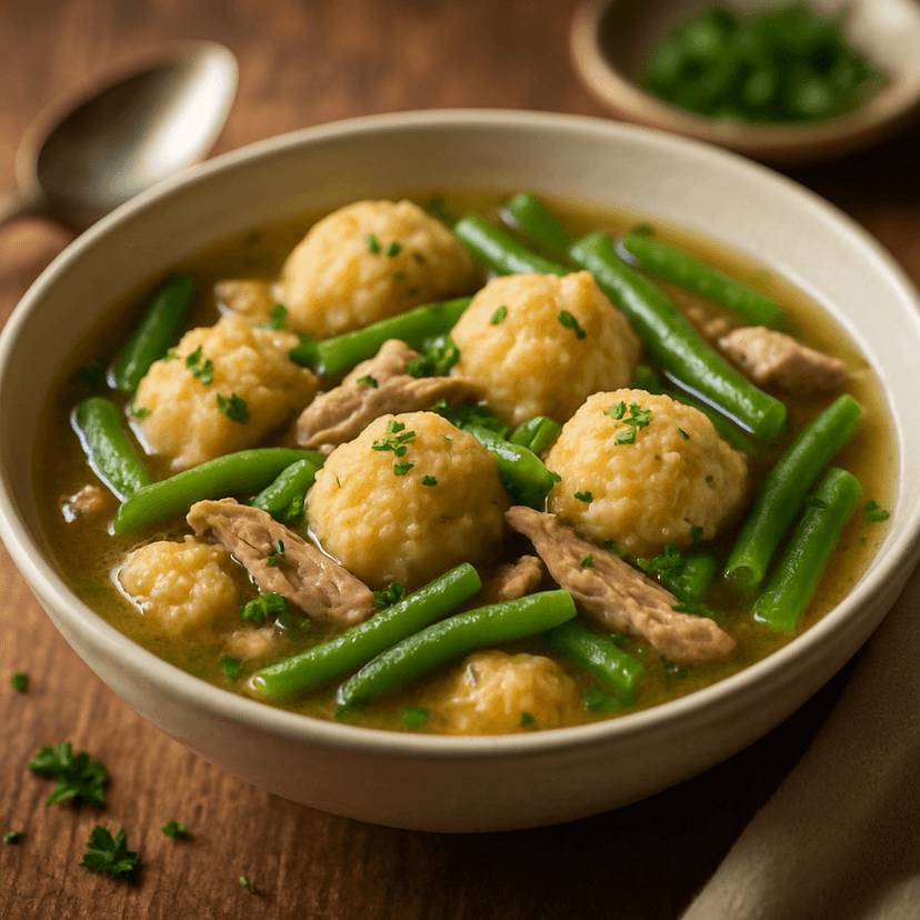 Low-Carb Sourdough Dumplings with Pork and Green Beans image