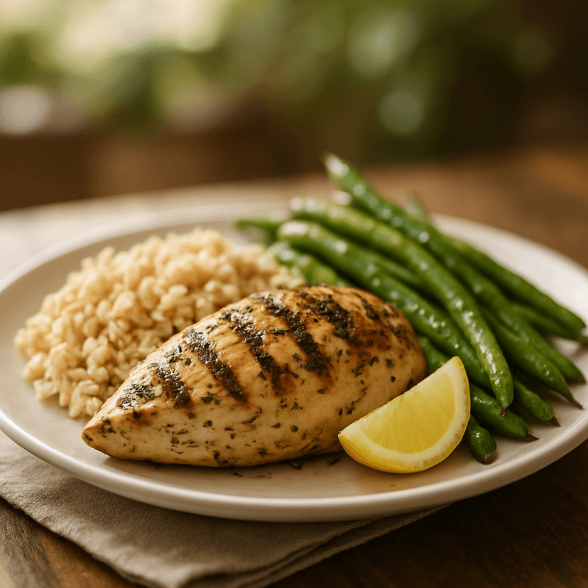Herbed Grilled Chicken with Brown Rice and Green Beans image