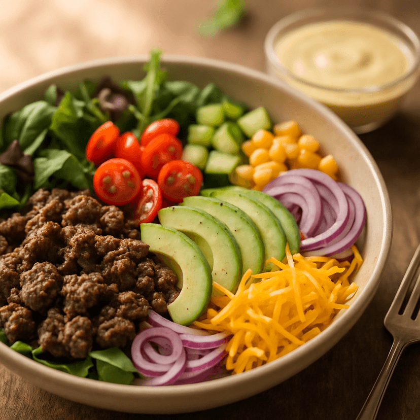 Fresh Burger Bowl with Zesty Yogurt Mustard Sauce