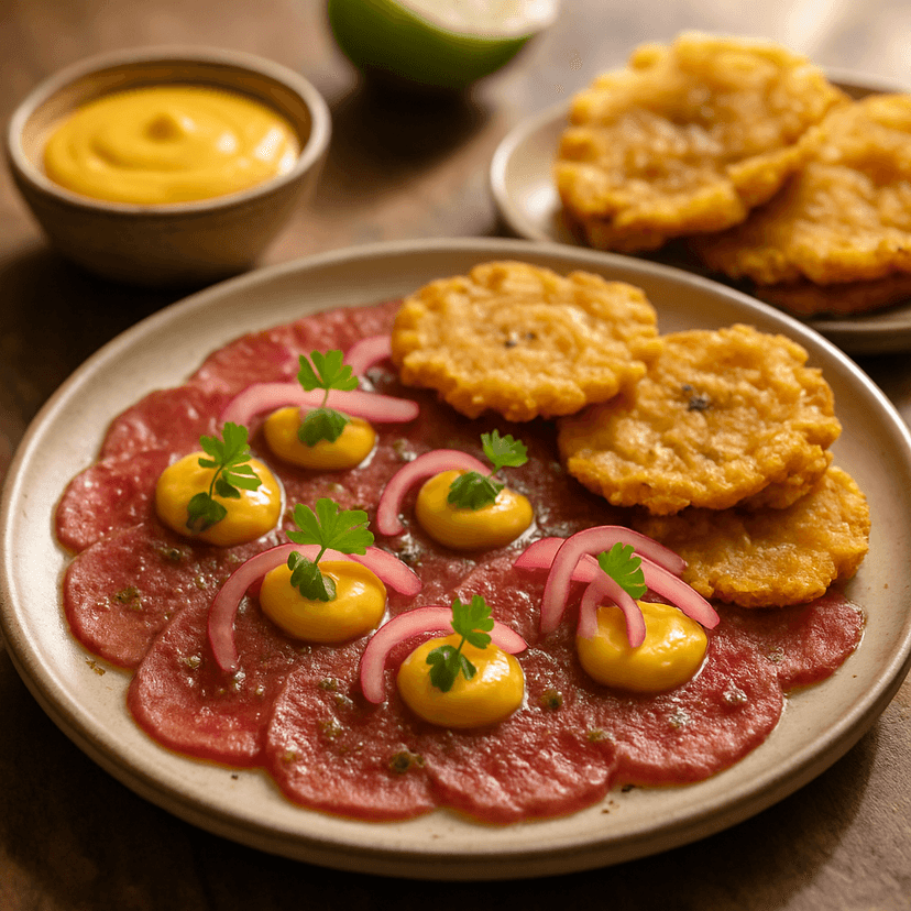 Puerto Rican Beef Carpaccio with Ají Dulce Aioli & Tostones Crunch image