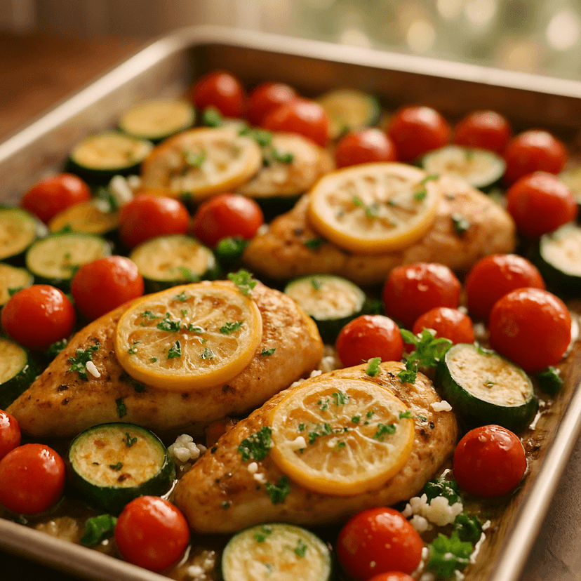 Greek-Inspired Sheet Pan Chicken with Zucchini and Tomato image