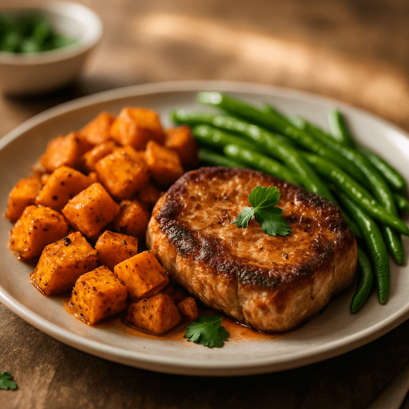 Mojo Pork Chop with Jerk Sweet Potatoes & Green Beans