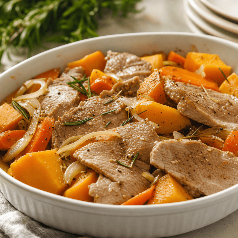Tender Baked Pork with Pumpkin and Veg image