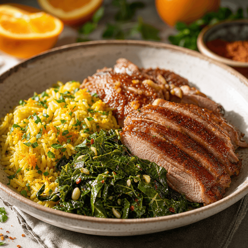 Citrus Rice with Garlicky Greens and Duck image