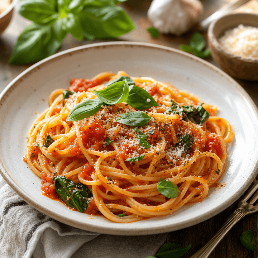 Espaguetis rápidos con tomate y albahaca image