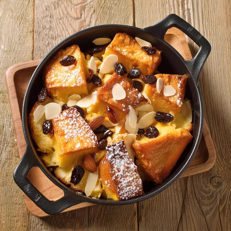 Almond Raisin French Toast Bake in a Cast Iron Skillet  