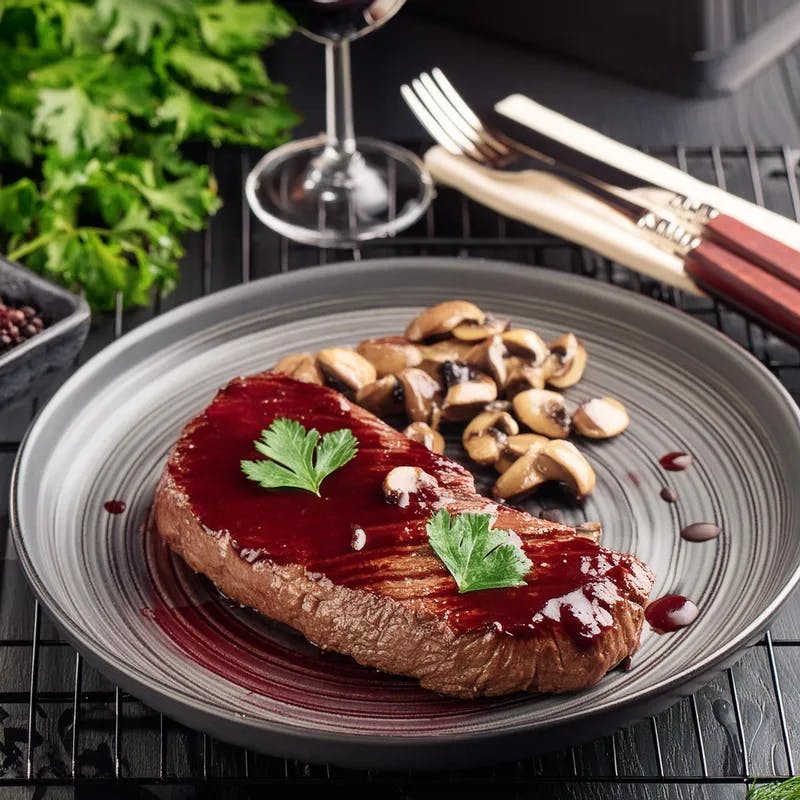 Flat-Iron Steak with Mushroom & Red Wine Sauce in a Cast Iron Skillet