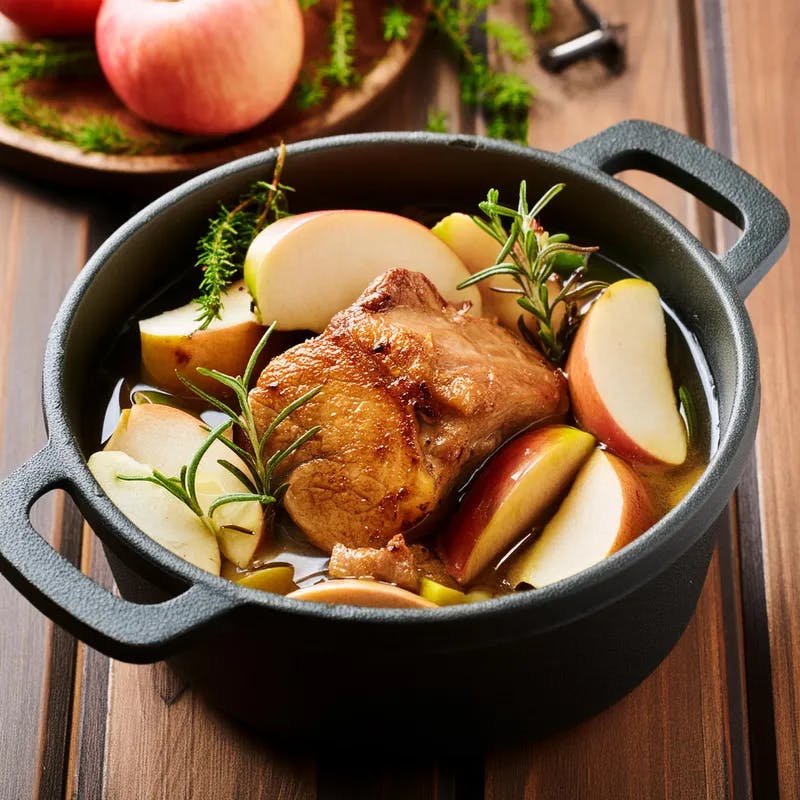 Dutch Oven Pork Cooked in Apple Cider with Apples, Herbs, and Onions