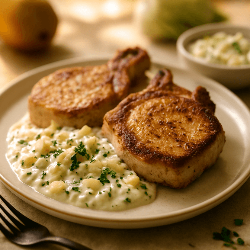 Seared Pork Chops with Fennel-Pear Yogurt Sauce image