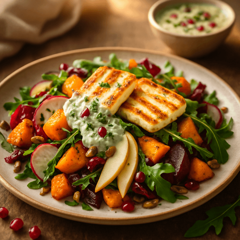Autumn Pumpkin, Pear & Beetroot Salad with Pomegranate Tahini Yogurt