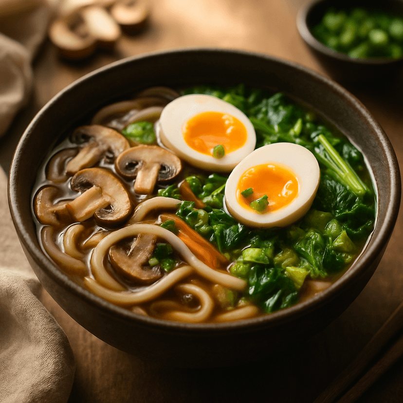 Savory Udon Mushroom and Greens Soup image