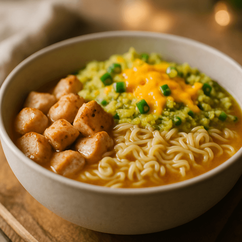 Cheesy Chicken Ramen Rice Bowl