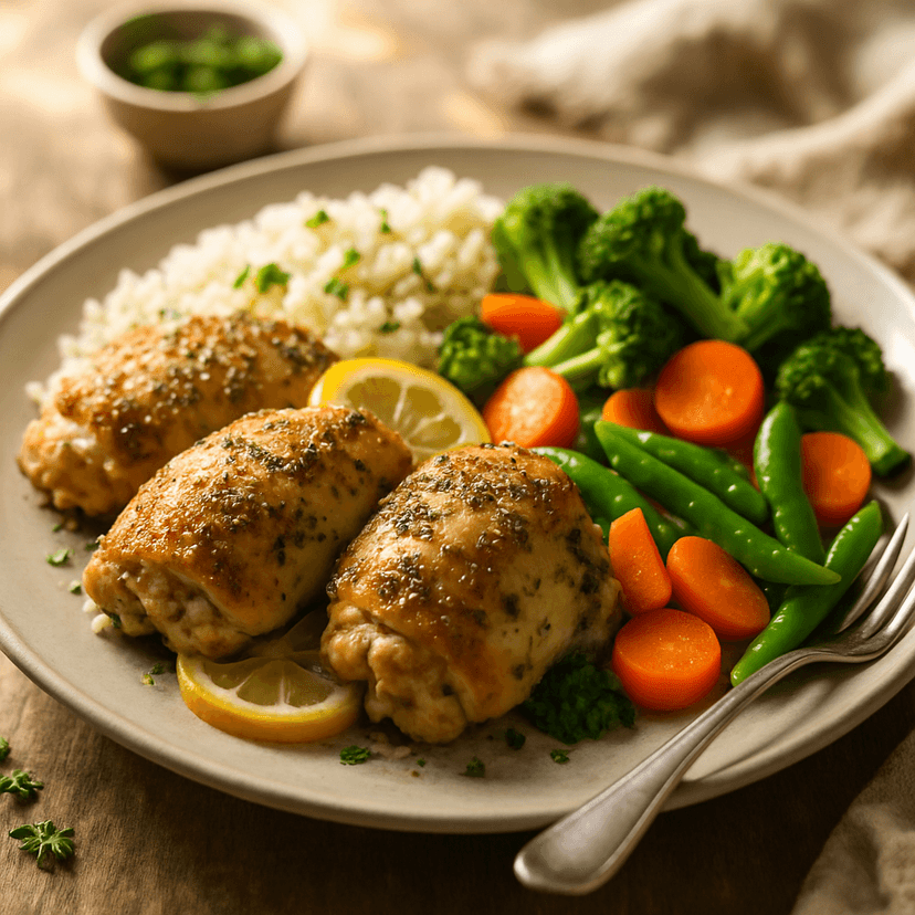 Savory Herb Chicken Thighs with Fluffy Rice and Veggies