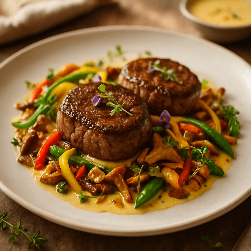 Sirloin Medallions with Wild Mushroom Mosaic and Saffron Cream