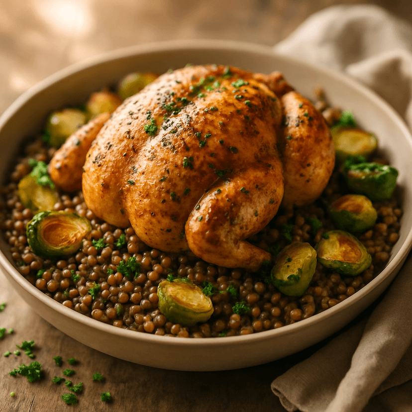 Herb-Roasted Chicken with Lentils and Brussels Sprouts