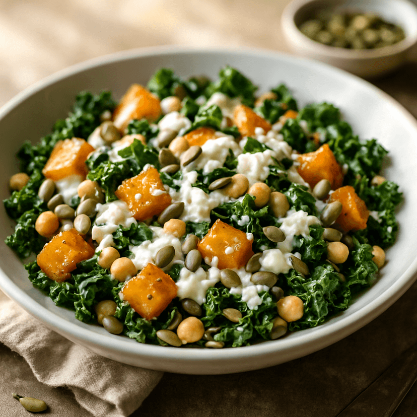 Creamy Roasted Butternut, Kale & Cheese Salad