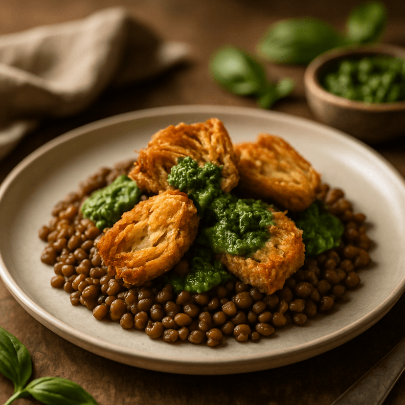 Crispy Artichokes with Truffle Lentils and Basil Pesto image