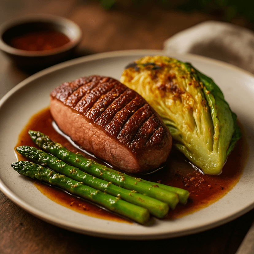 Roast Duck Breast with Bitter Duck Sauce, Hispi Cabbage & Seared Asparagus