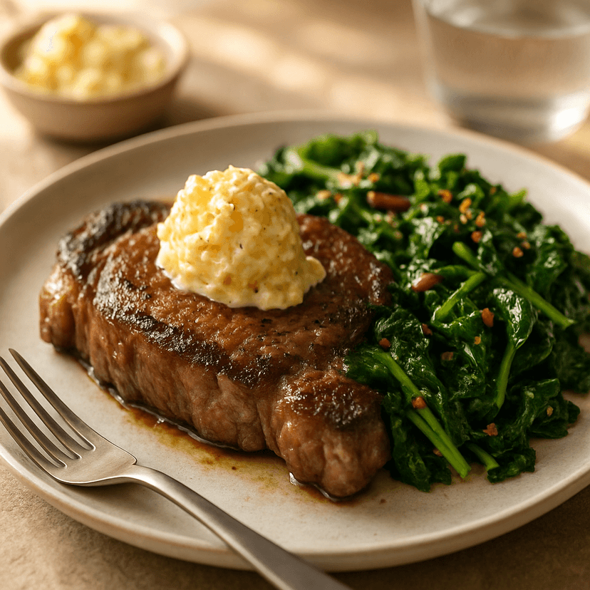 Pan-Seared Steak with Popcorn Butter and Garlicky Greens image