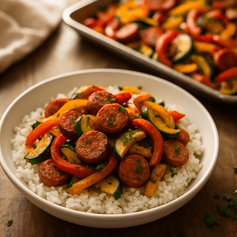 Spicy Cajun Sausage and Veggie Sheet Pan image