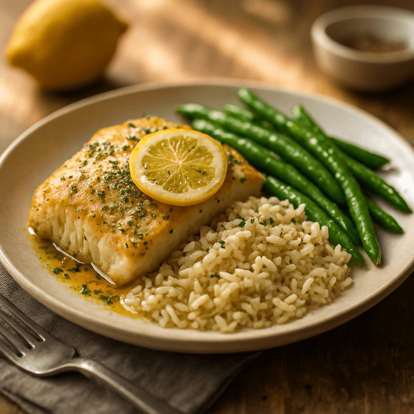 Lemon Herb Cod with Green Beans and Garlic Rice image