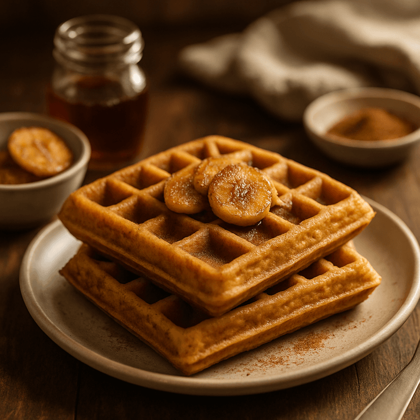 Grenadian Spiced Plantain Belgian Waffles with Toppings image