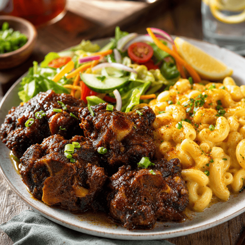 Smoked softball size BBQ Oxtails with Cheesy Mac image