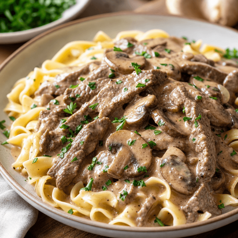 Creamy Beef Stroganoff with Peas