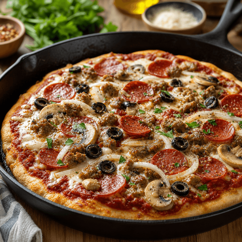 Homemade Sausage Pepperoni Skillet Pizza image