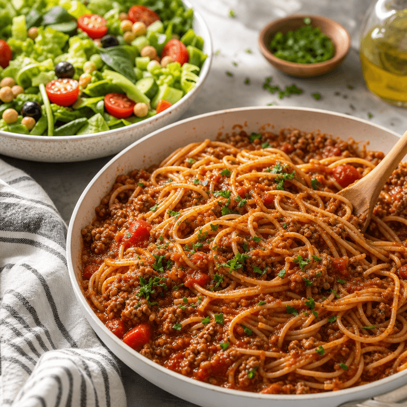 Skillet Spaghetti with Garden Salad