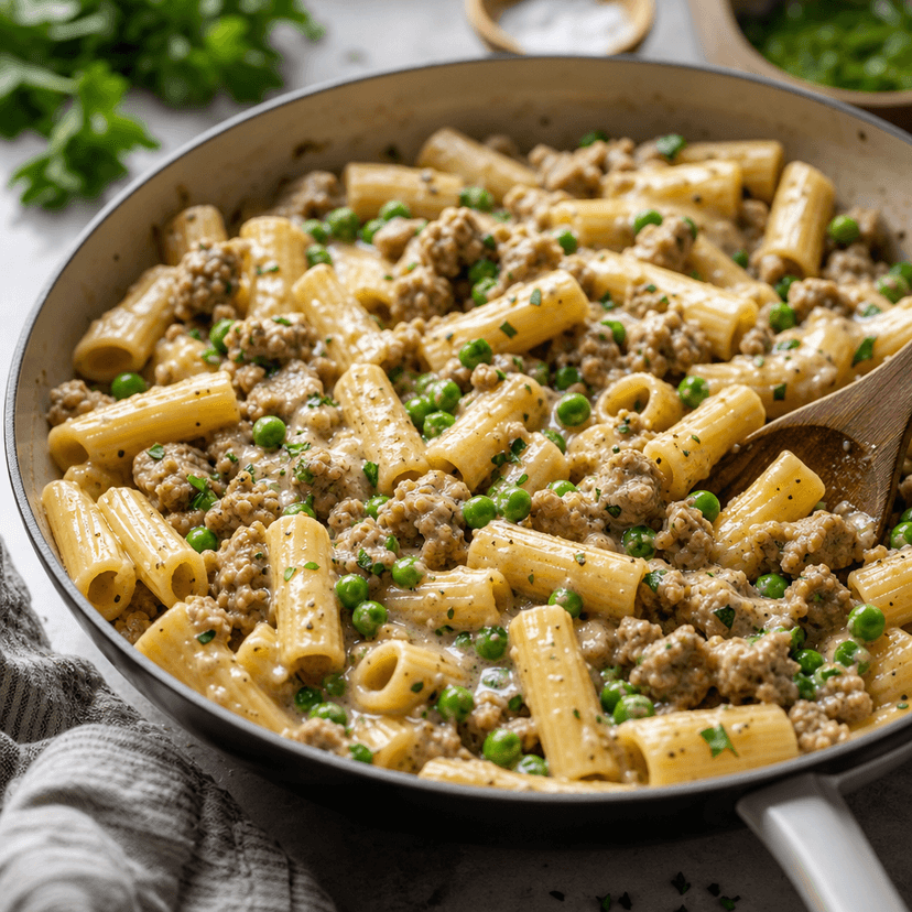 Sausage and Pea Rigatoni Skillet