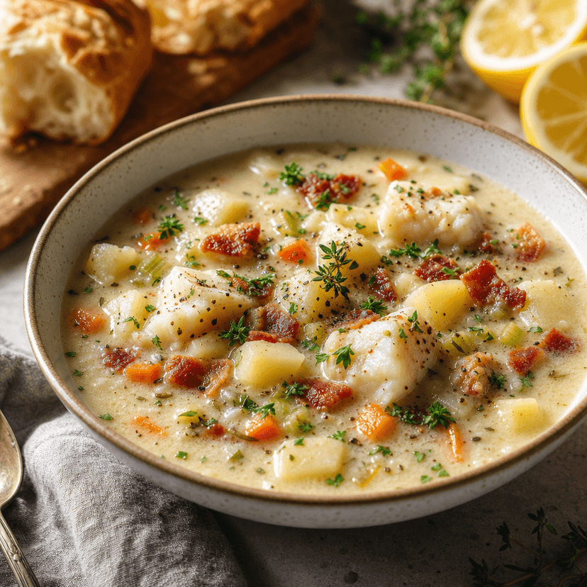Lemon Cod Chowder with Oat Cream