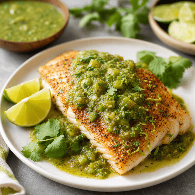 Seared Snapper with Tomatillo Herb Sauce