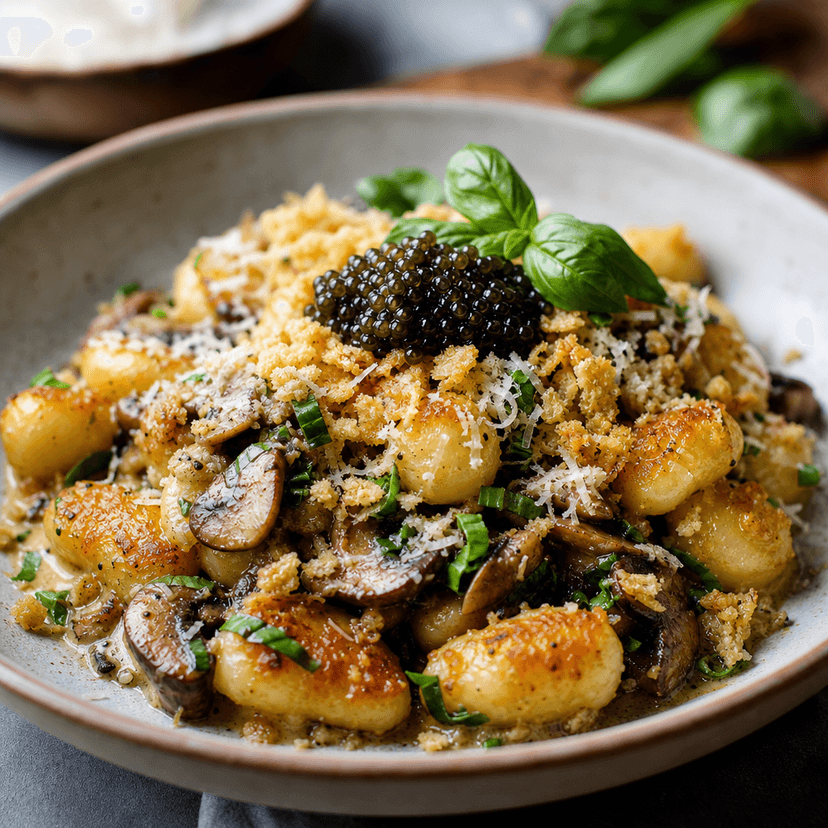 Crispy Gnocchi with Mushroom Basil Caviar image