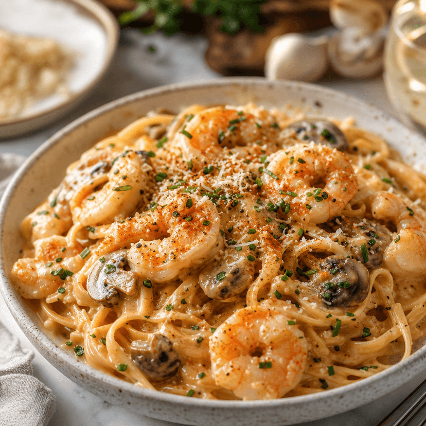 Japanese Pink Shrimp Mushroom Pasta image
