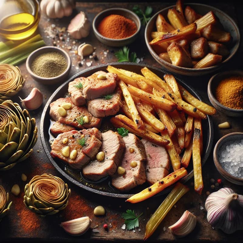 Garlic Pork Bites with Jerusalem Artichoke and Roasted Celery Fries