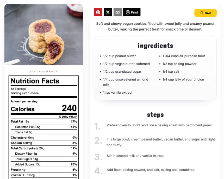 DishGen recipe page showing an AI nutrition facts label saved beside a recipe